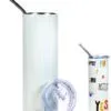 20oz Sublimation BLANK White Glitter Travel Mug with Metal Straw