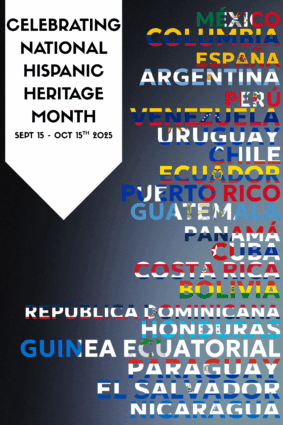 Poster for Hispanic Heritage Month - displays the names and flags of Spanish-Speaking countries